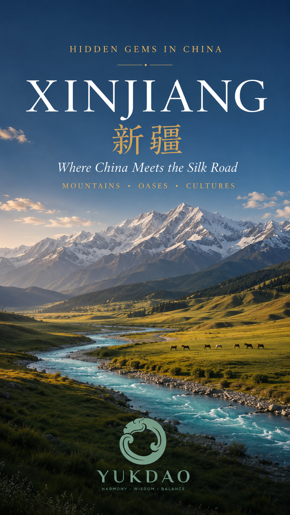 Xinjiang landscape with the snow-covered Tianshan Mountains, alpine grasslands and turquoise river.