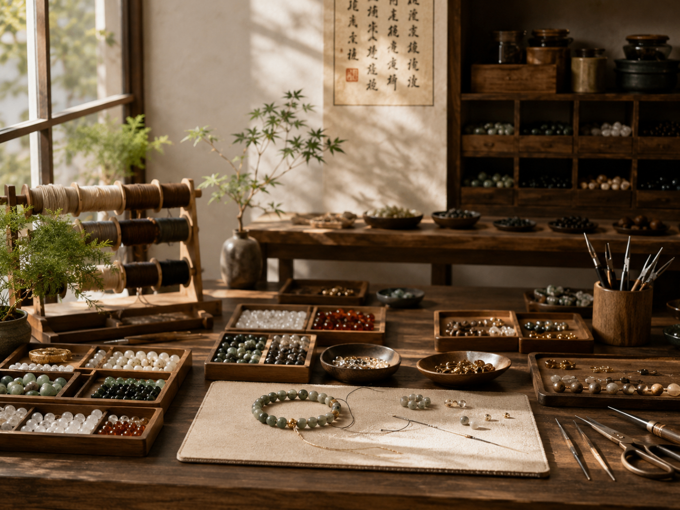Calm artisan workshop with trays of gemstone beads and traditional tools