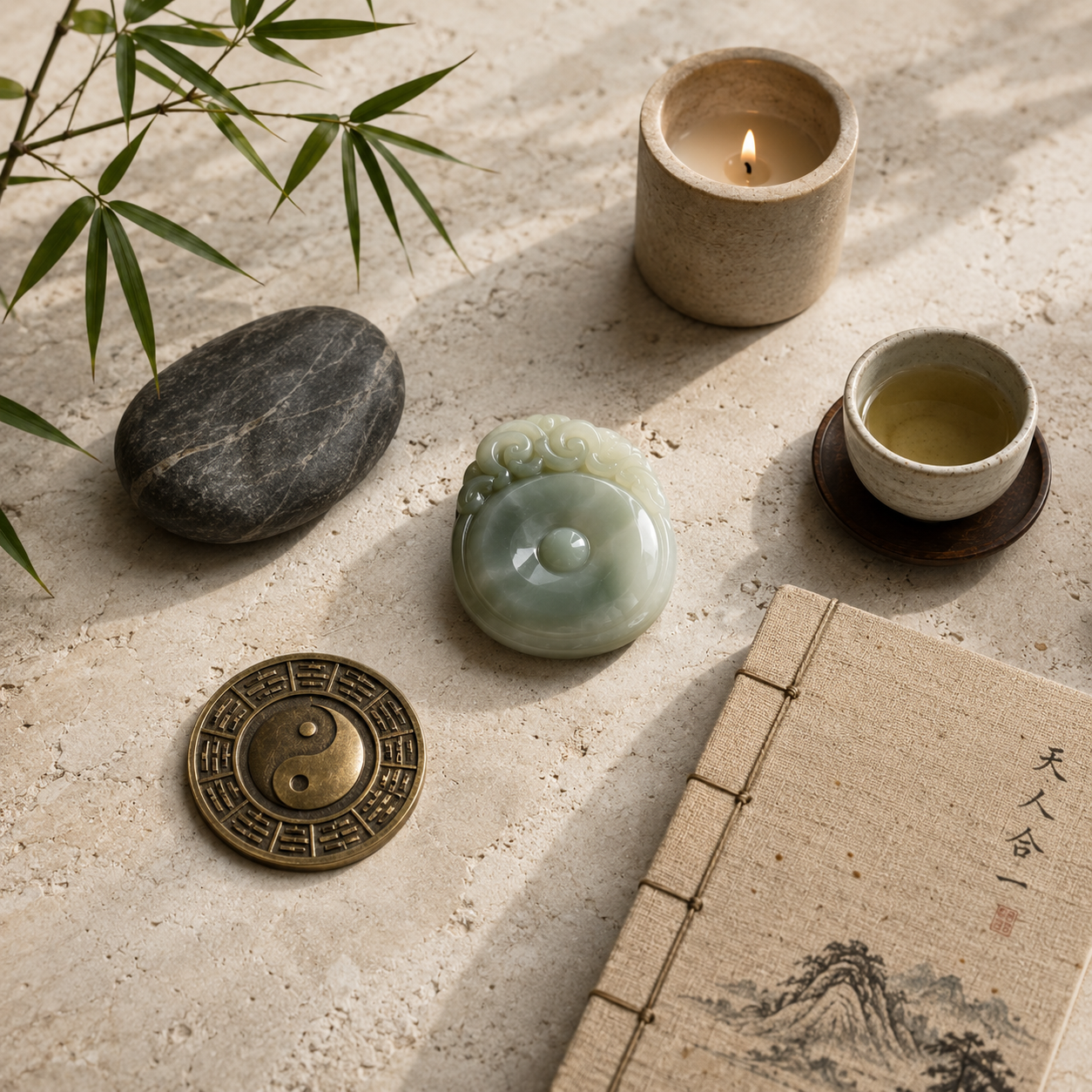 A luxury flat lay of a polished jade ornament, bronze Yin Yang medallion, smooth river stone, candle, tea cup, bamboo branch and handmade journal on pale natural stone.