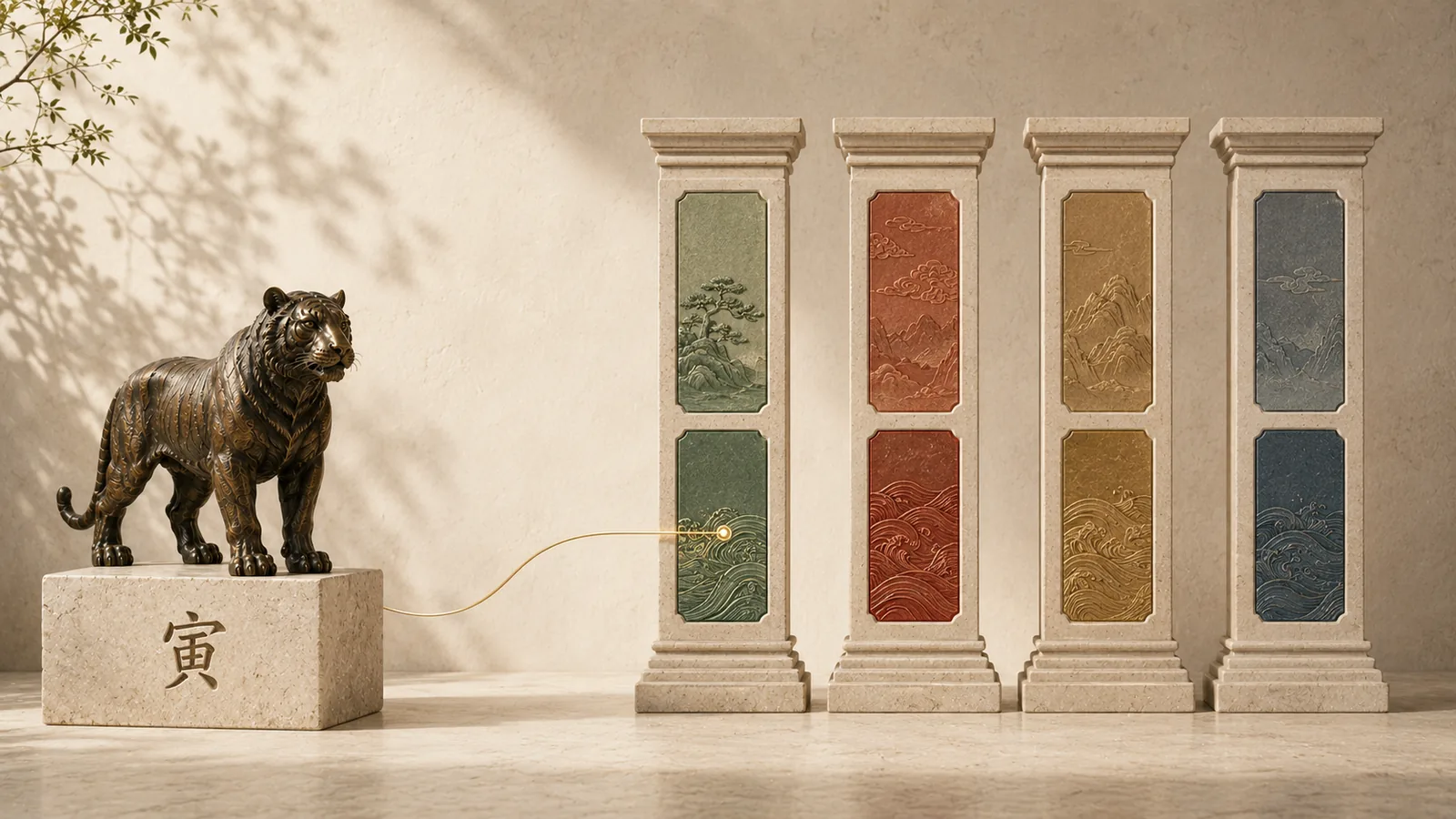 Bronze Tiger connected to the Year Earthly Branch within four architectural pillars representing a complete BaZi birth chart.
