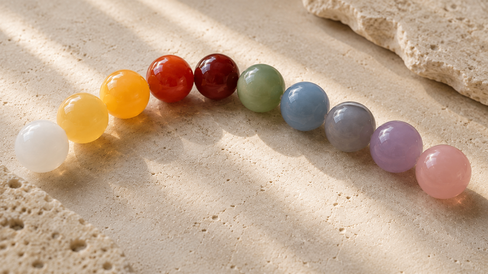 Natural color variations of polished chalcedony beads arranged in a smooth gradient.