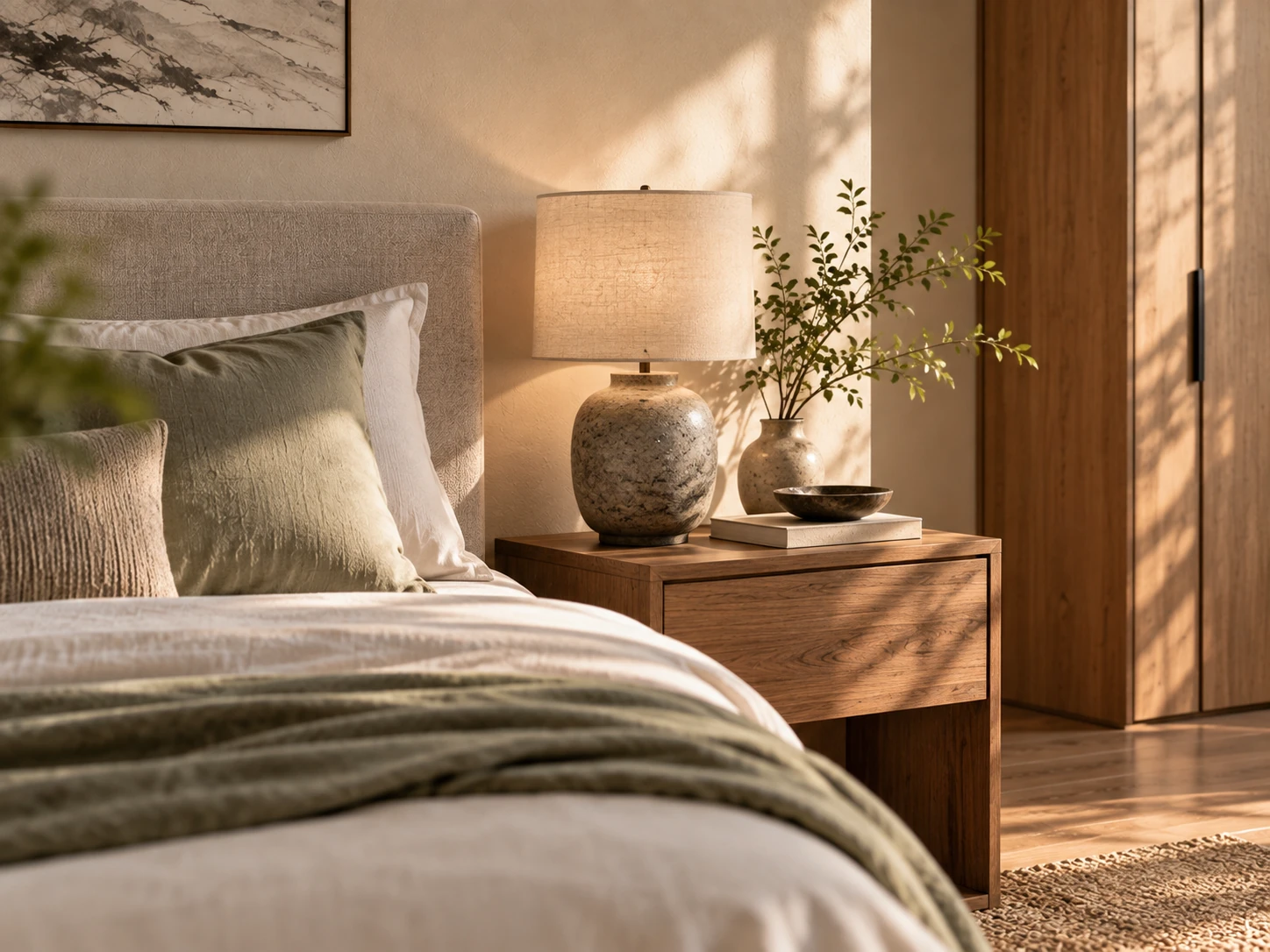 Quiet bedside setting with linen bedding, wooden storage, ceramic lamp and restrained natural details