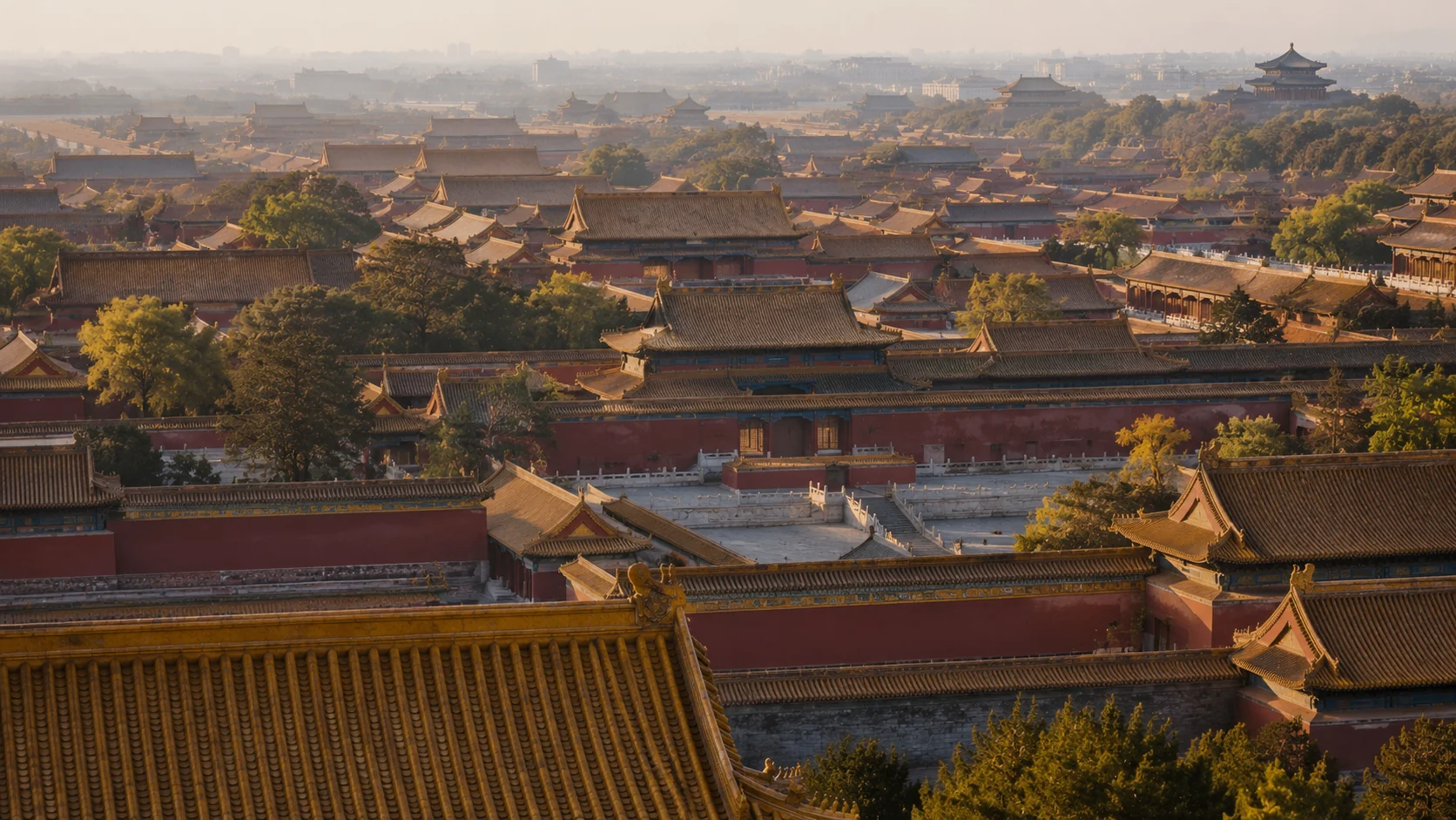 Traditional Forbidden City architectural colors revealed through yellow glazed tiles, blue-green painted timber, vermilion columns, pale stone and deep shadow