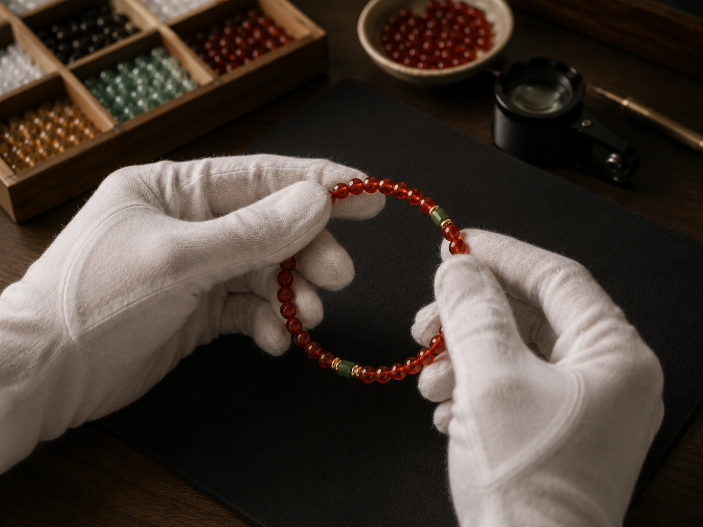 White-gloved hands inspecting a finished carnelian bracelet