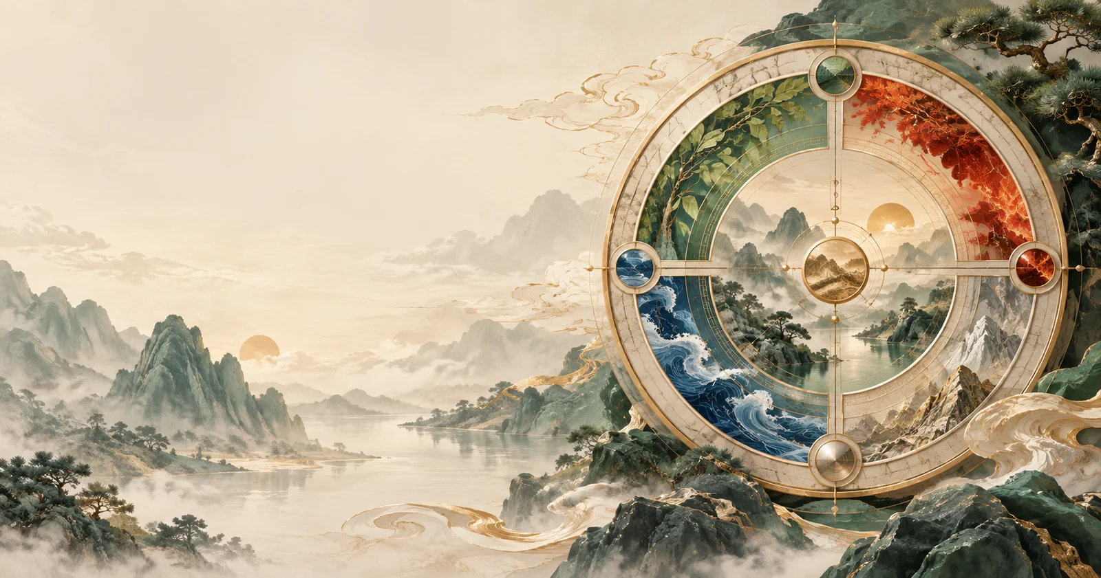 Chinese-inspired Five Elements circular artwork showing wood, fire, earth, metal, and water through natural landscapes.