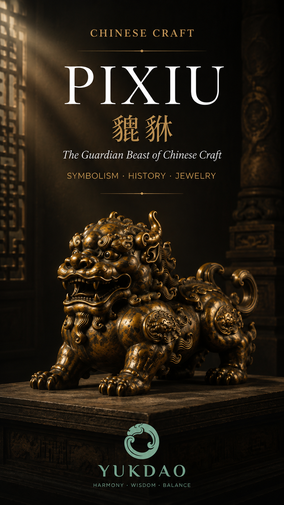 A carved Pixiu guardian beast photographed in an editorial composition introducing Chinese craftsmanship.