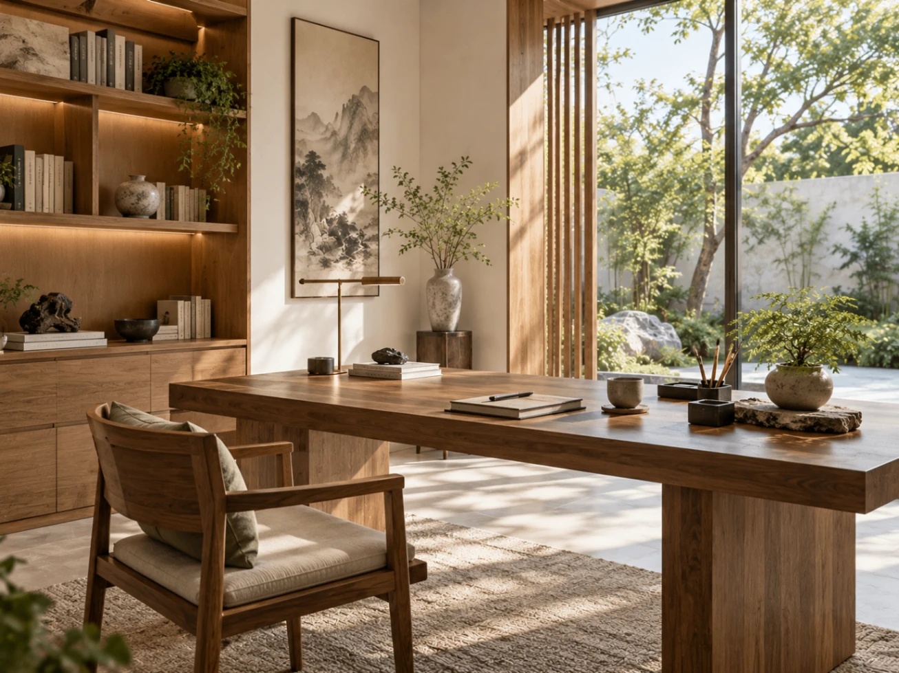 Refined writing desk positioned within a light-filled interior