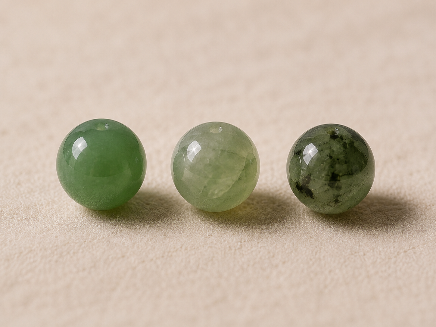 Three natural green stone beads showing subtle variation in tone and pattern