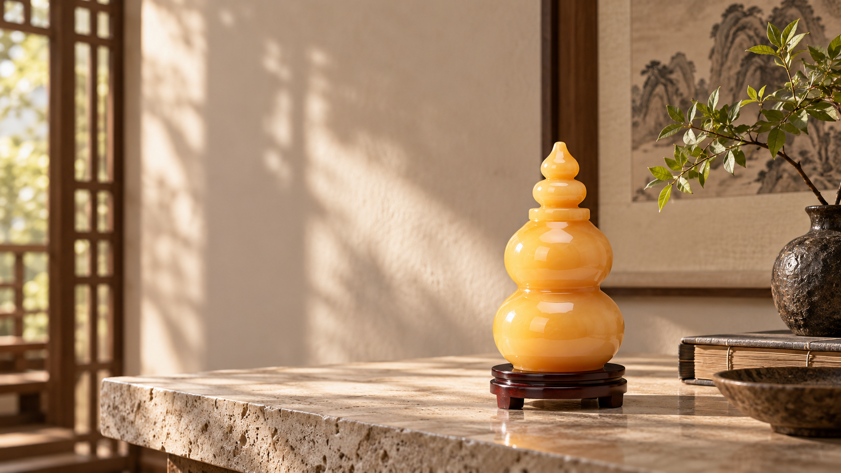 Contemporary yellow Hulu object displayed against warm limestone and a restrained Chinese interior.