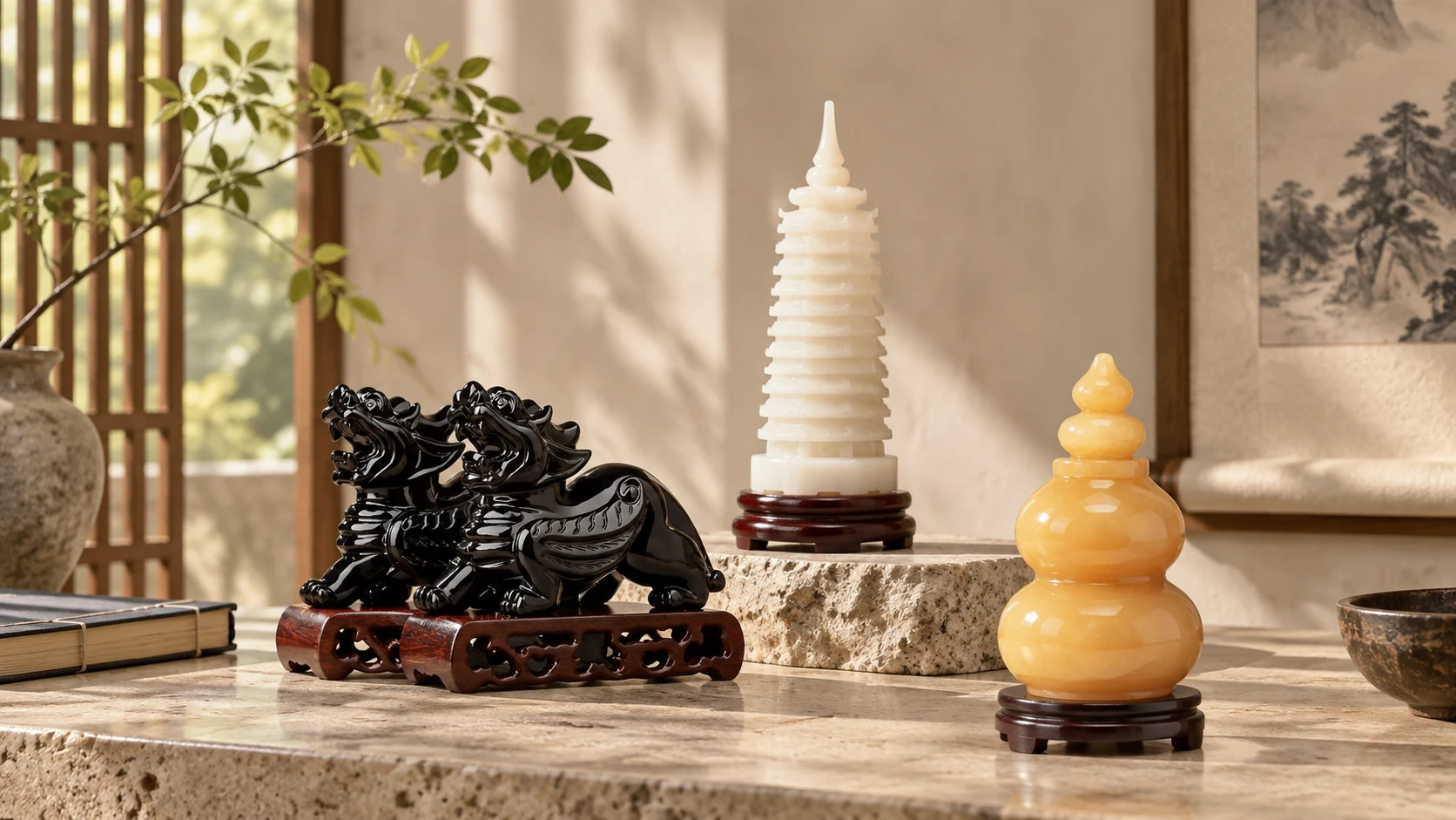 Black Pi Xiu, pale Wenchang Pagoda and yellow Wu Lou displayed in an editorial interior still life