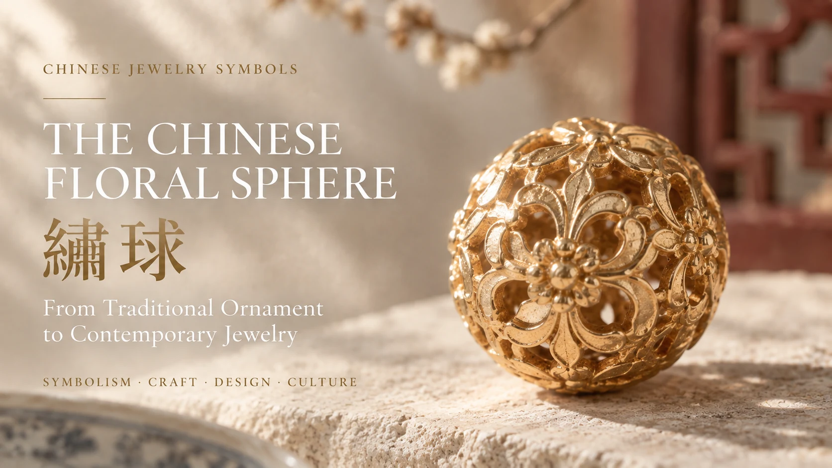 Chinese Floral Sphere ornament inspired by xiuqiu, photographed as an editorial cover for a Chinese jewelry article.