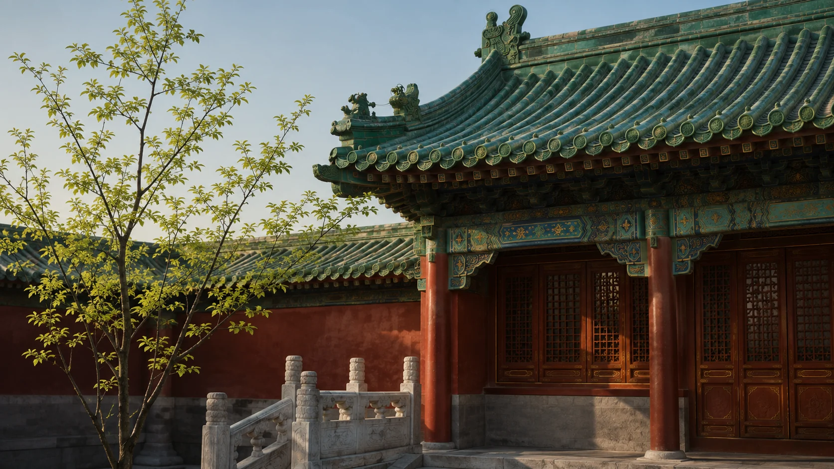 Green glazed roof tiles on traditional Chinese palace architecture representing Wood, East and growth