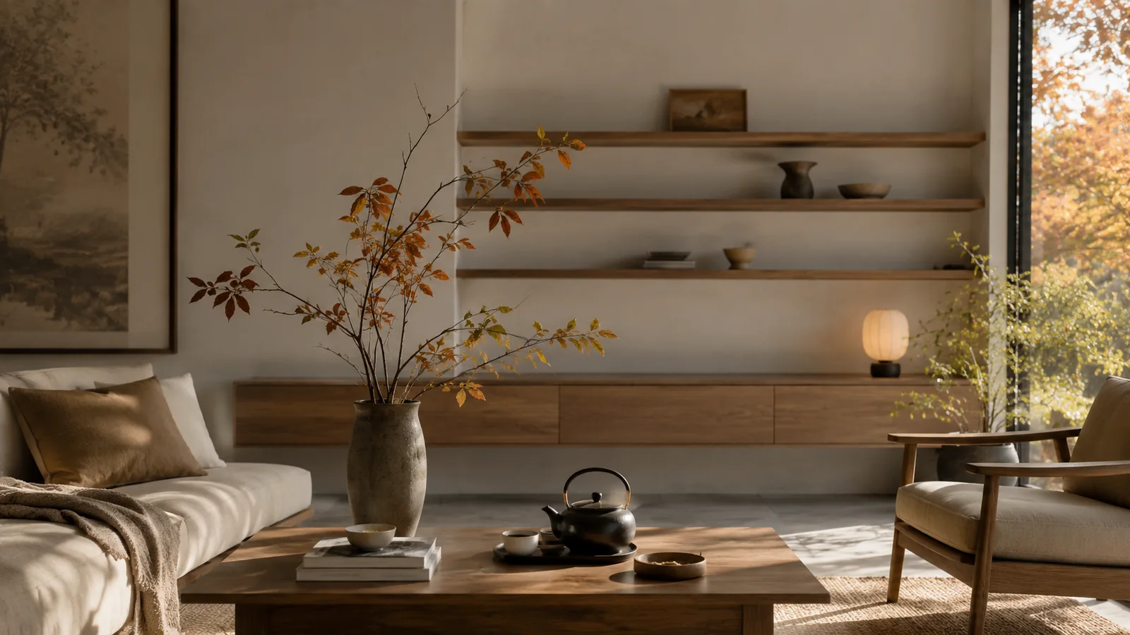 A calm, uncluttered interior with bare autumn branches in a ceramic vase, arranged for a seasonal feng shui reset.
