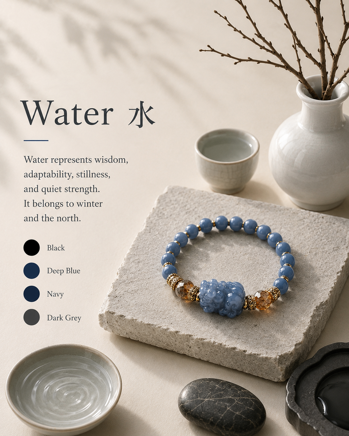 Water element palette — a blue chalcedony Pixiu bracelet on a pale stone slab beside a celadon vase, a river pebble and a shallow dish of still water.