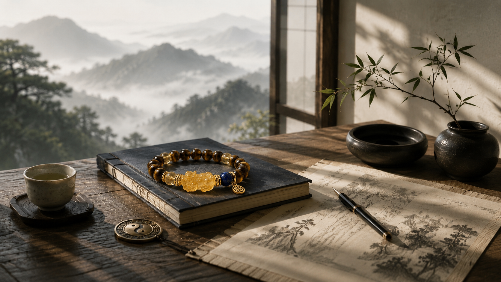 A contemporary scholar’s study overlooking misty mountains with a bound journal, tea, bronze Yin Yang medallion and the YukDao Prosperity bracelet featuring tiger’s eye, citrine, lapis lazuli and a Pixiu centrepiece.