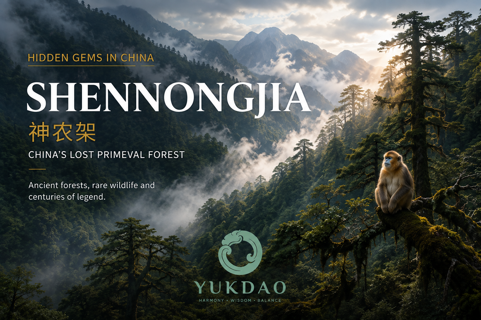 Mist drifting through the ancient forested mountains of Shennongjia in Hubei, China, with a golden snub-nosed monkey resting on a mossy branch.