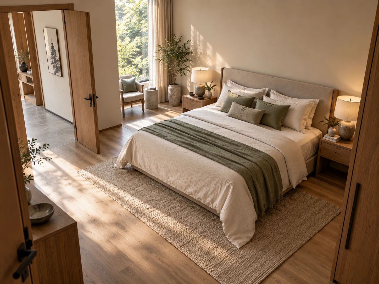 Elevated view of a bedroom showing a bed supported by a solid wall and positioned away from the direct line of the doorway