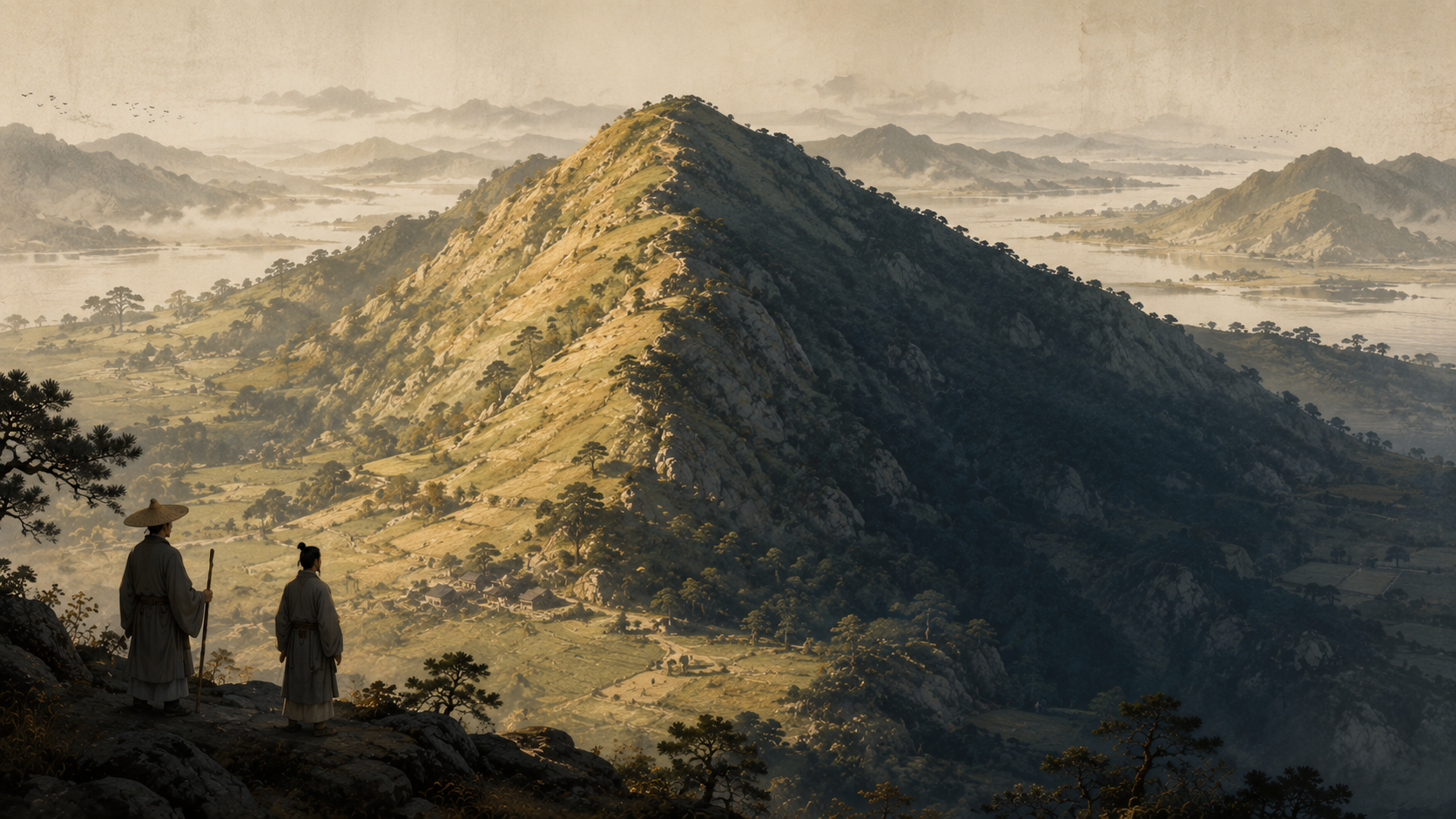 A panoramic mountain landscape seen from above, with one side bathed in sunlight and the opposite side in shade while two scholars overlook the valley below.