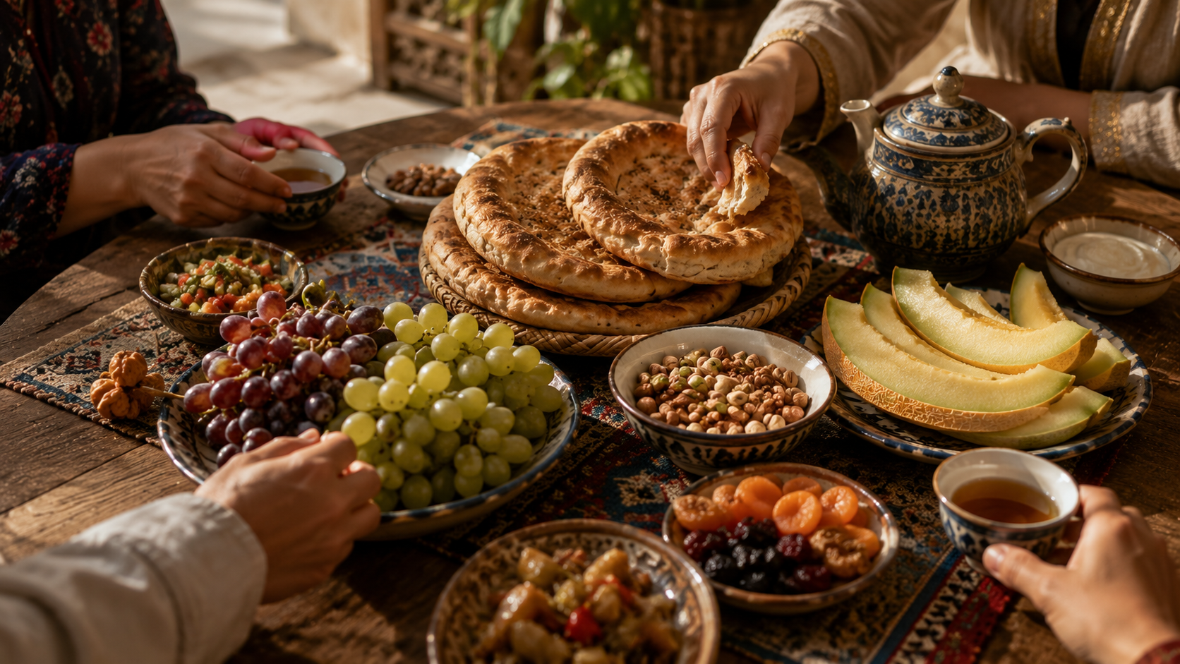 A shared table with bread, grapes, melon, dried fruits, nuts and tea representing everyday hospitality in Xinjiang.