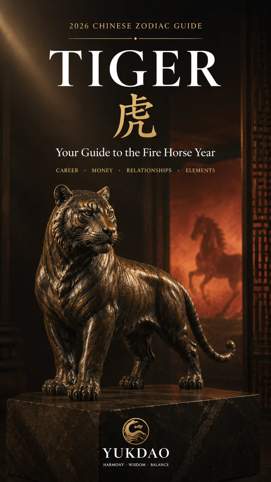 Bronze Tiger sculpture for the 2026 Tiger Chinese Zodiac Fire Horse guide.