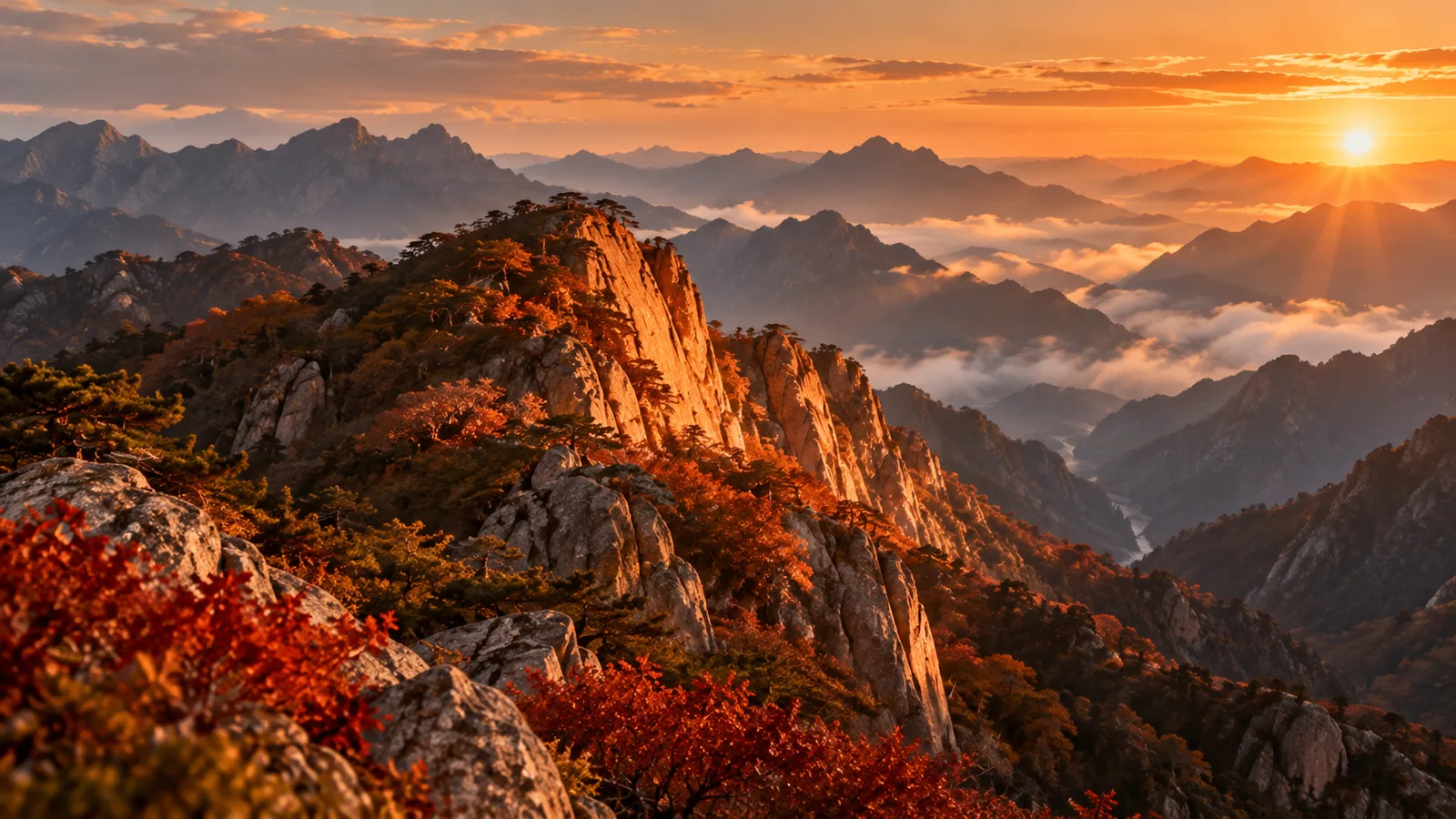 Warm sunlight illuminating a mountain ridge as a natural expression of the Fire Element