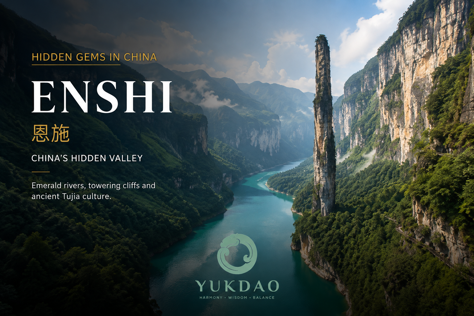 Emerald river flowing through the limestone cliffs of Enshi Grand Canyon in Hubei, China.