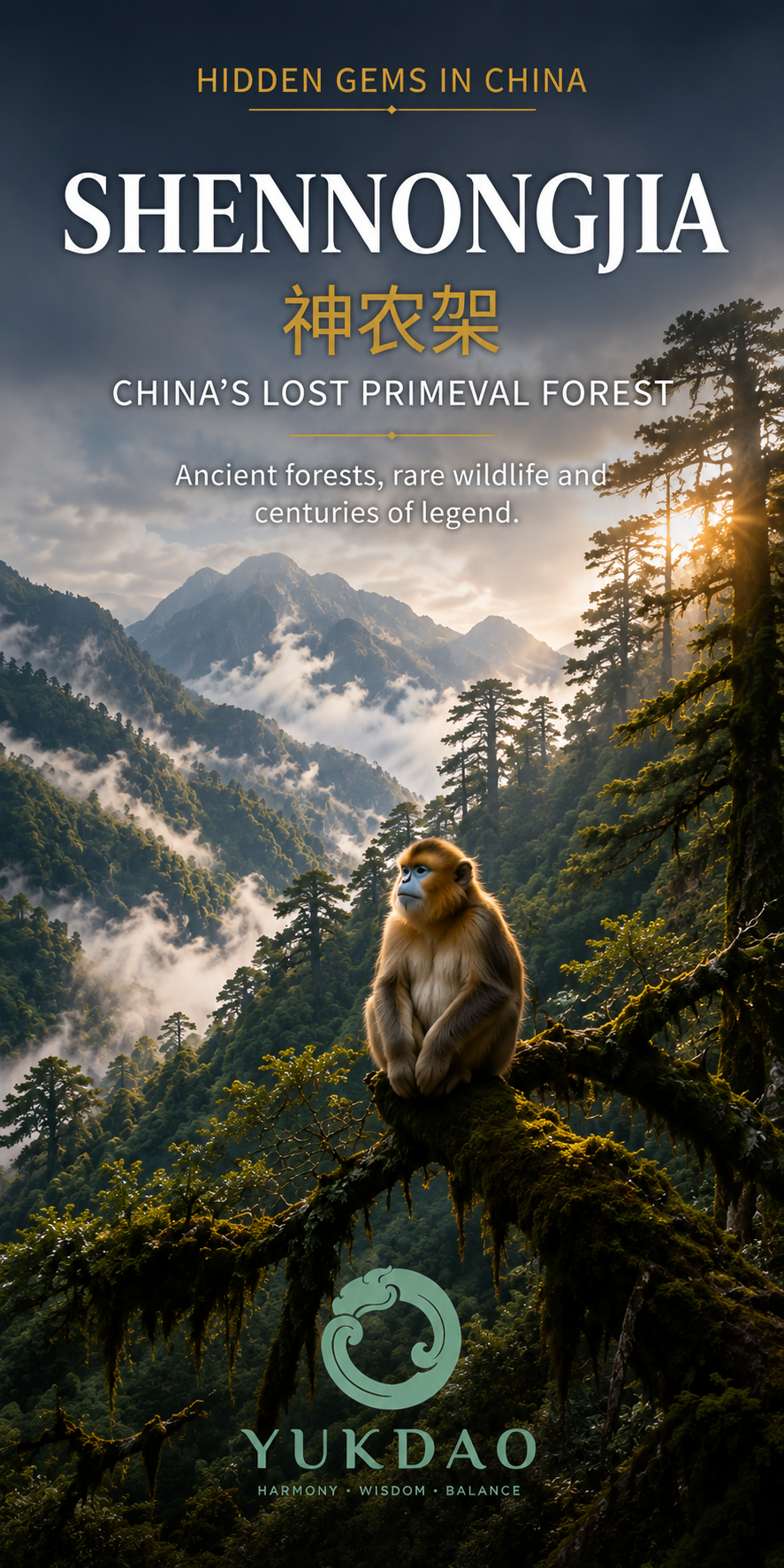 Mist drifting through the ancient forested mountains of Shennongjia in Hubei, China, with a golden snub-nosed monkey resting on a mossy branch.