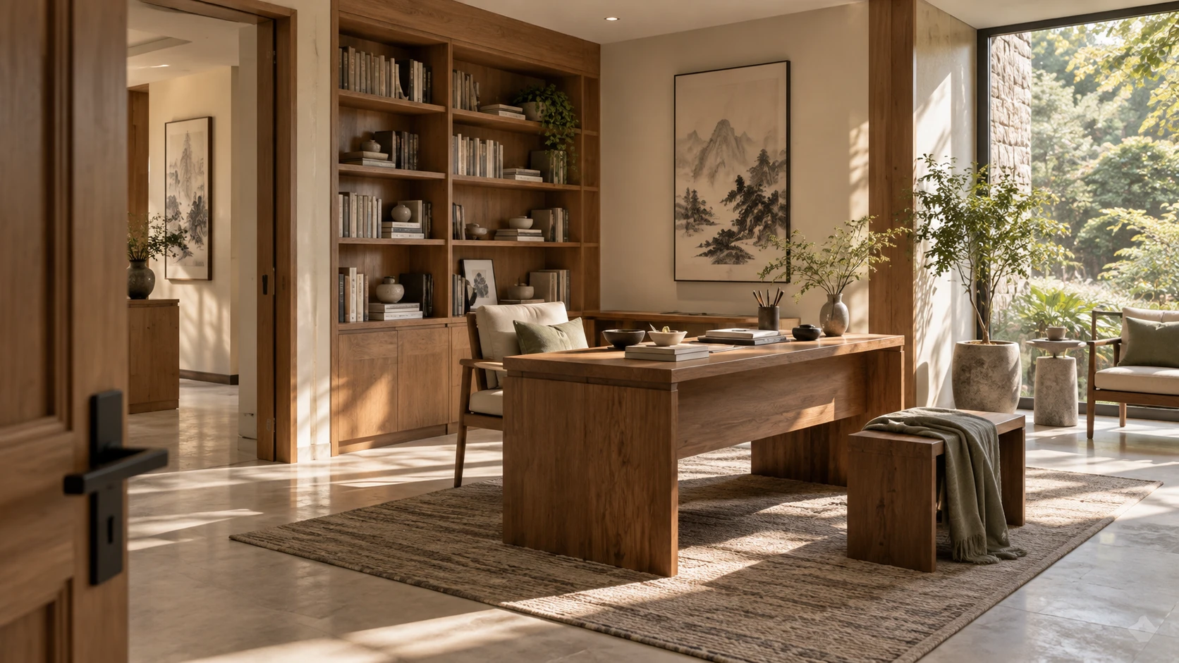 Contemporary home study with a thoughtfully positioned wooden desk, bookshelves and natural daylight.