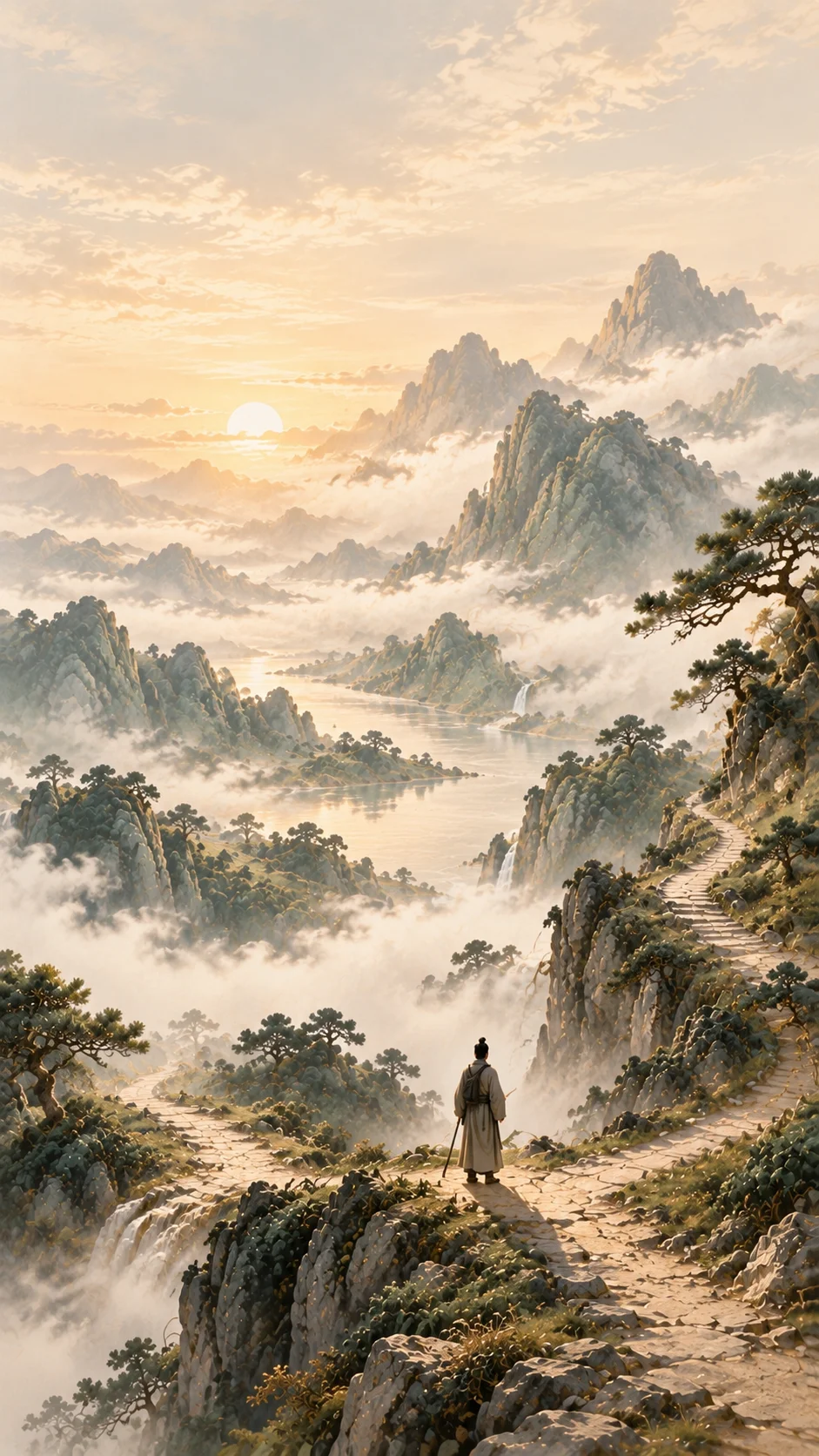 A lone traveler standing at a crossroads of mountain paths in a misty Chinese landscape.