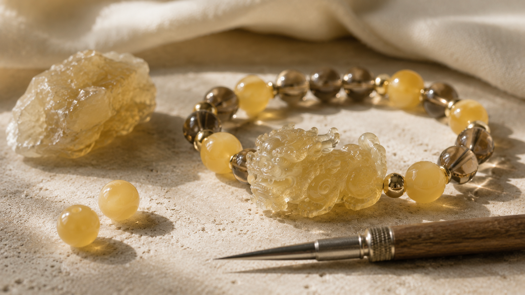 A yellow chalcedony Pixiu bracelet displayed beside a piece of raw stone and a carving tool.