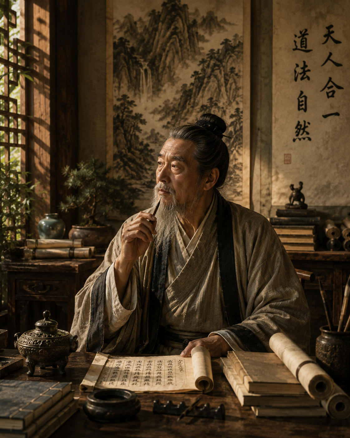 An ancient Chinese scholar in traditional robes studies a manuscript scroll by latticed window light, surrounded by classical texts and bronze vessels.