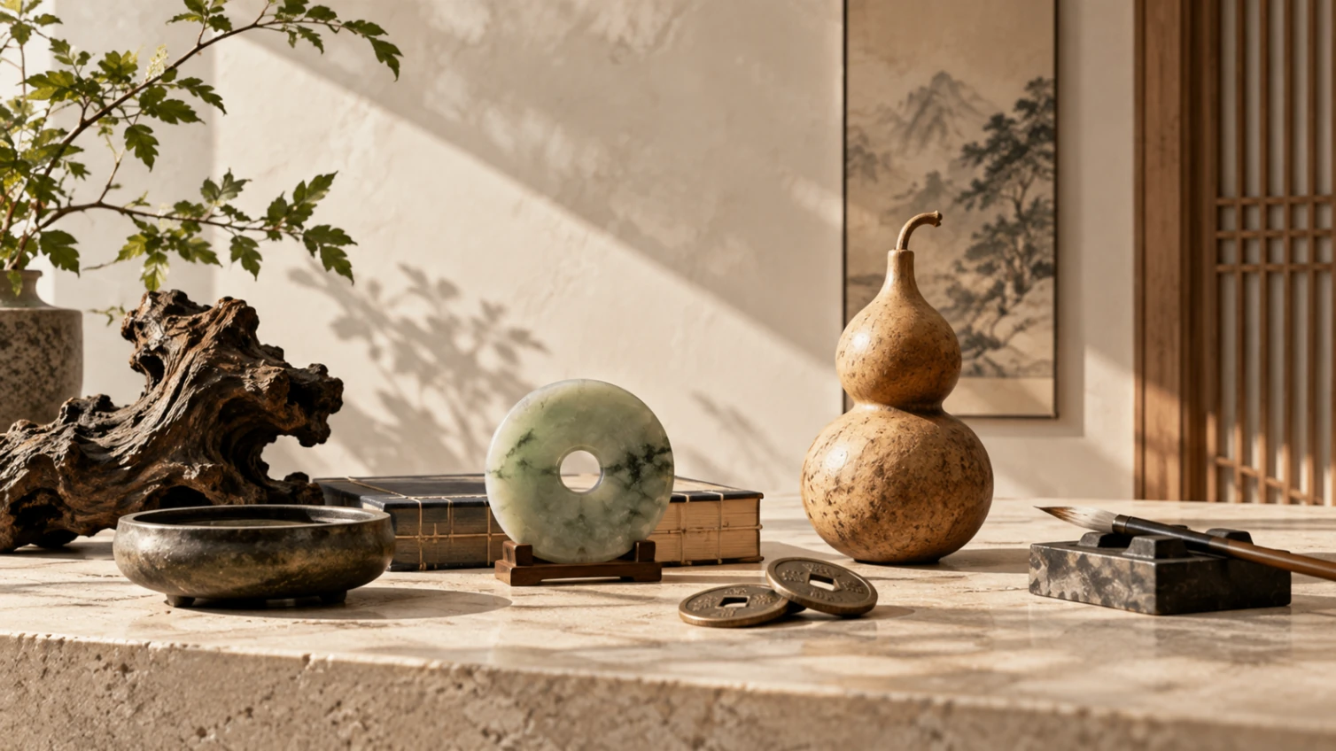 Chinese objects and natural materials arranged as an editorial still life