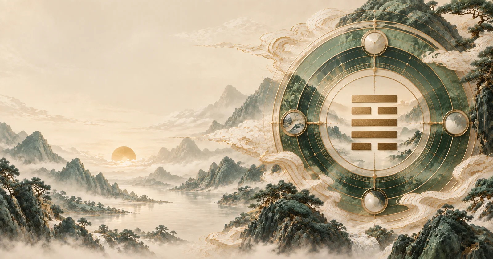 Gold hexagram within a Chinese-inspired circular design above a misty mountain landscape.
