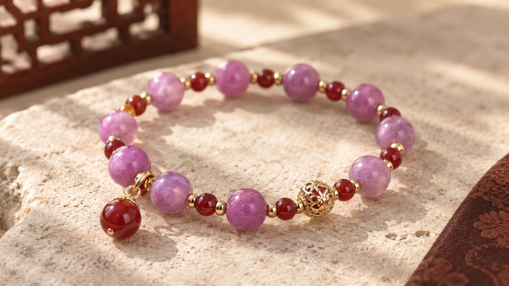 Contemporary YukDao gemstone bracelet with a gold Chinese Floral Sphere ornament.