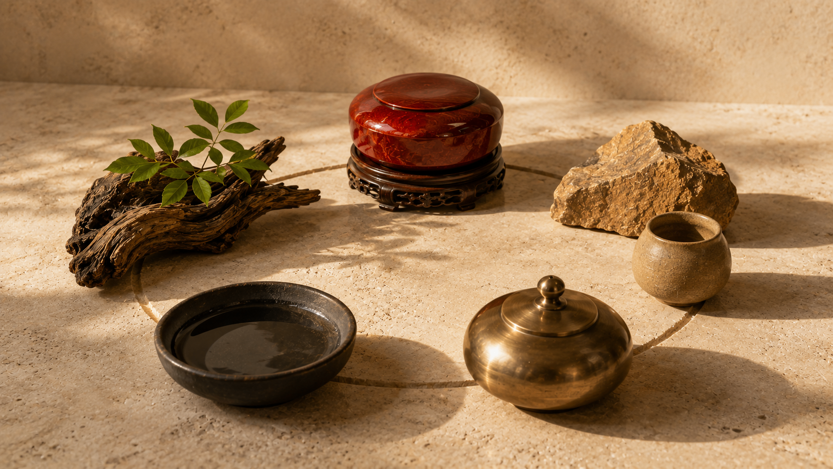Editorial still life representing the Chinese Five Elements of Wood, Fire, Earth, Metal and Water with Fire emphasized.