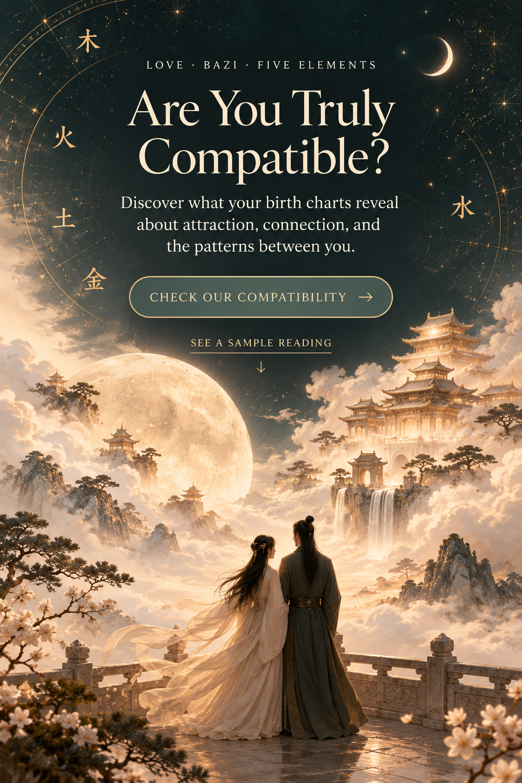 Are You Truly Compatible? A couple standing before a Chinese celestial palace beneath the moon and Five Elements symbols.