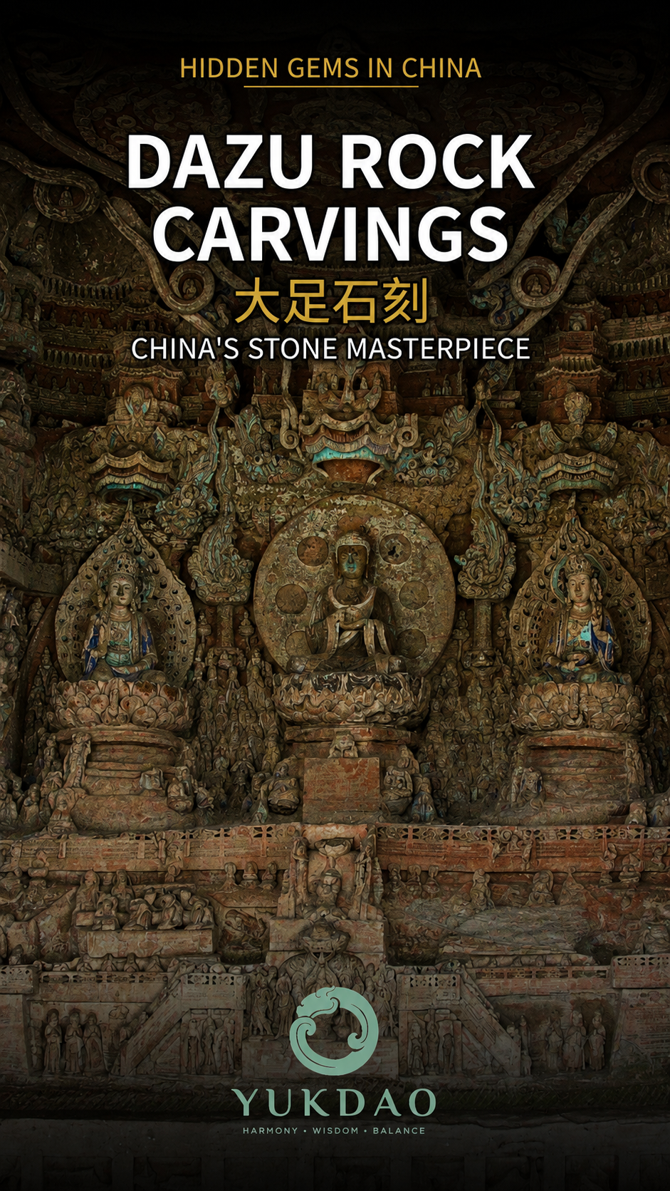 Intricate Buddhist stone sculptures at the Dazu Rock Carvings in Chongqing, China.