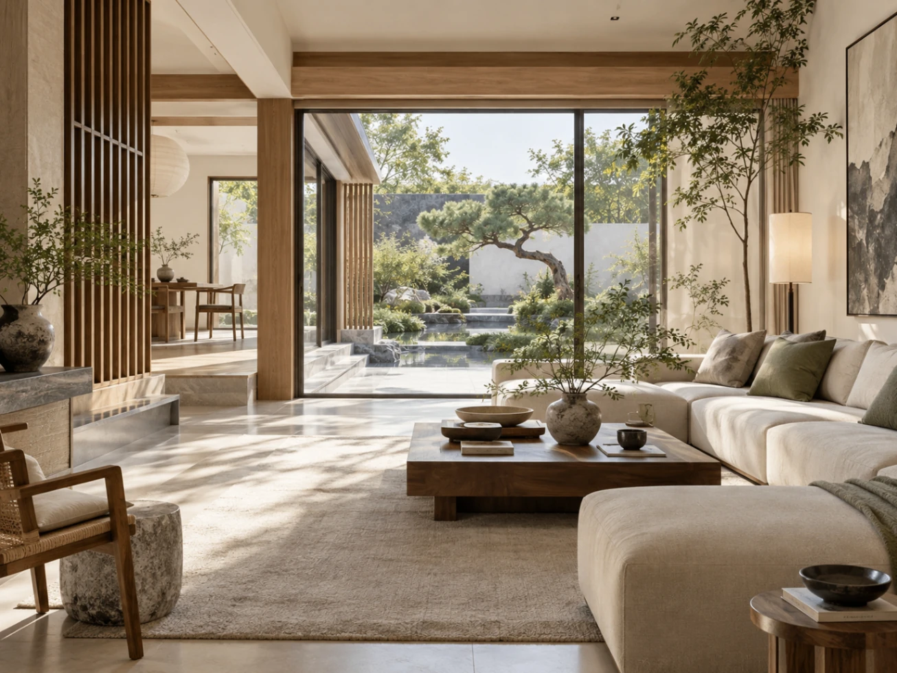 Traditional Chinese courtyard arranged around a calm central garden