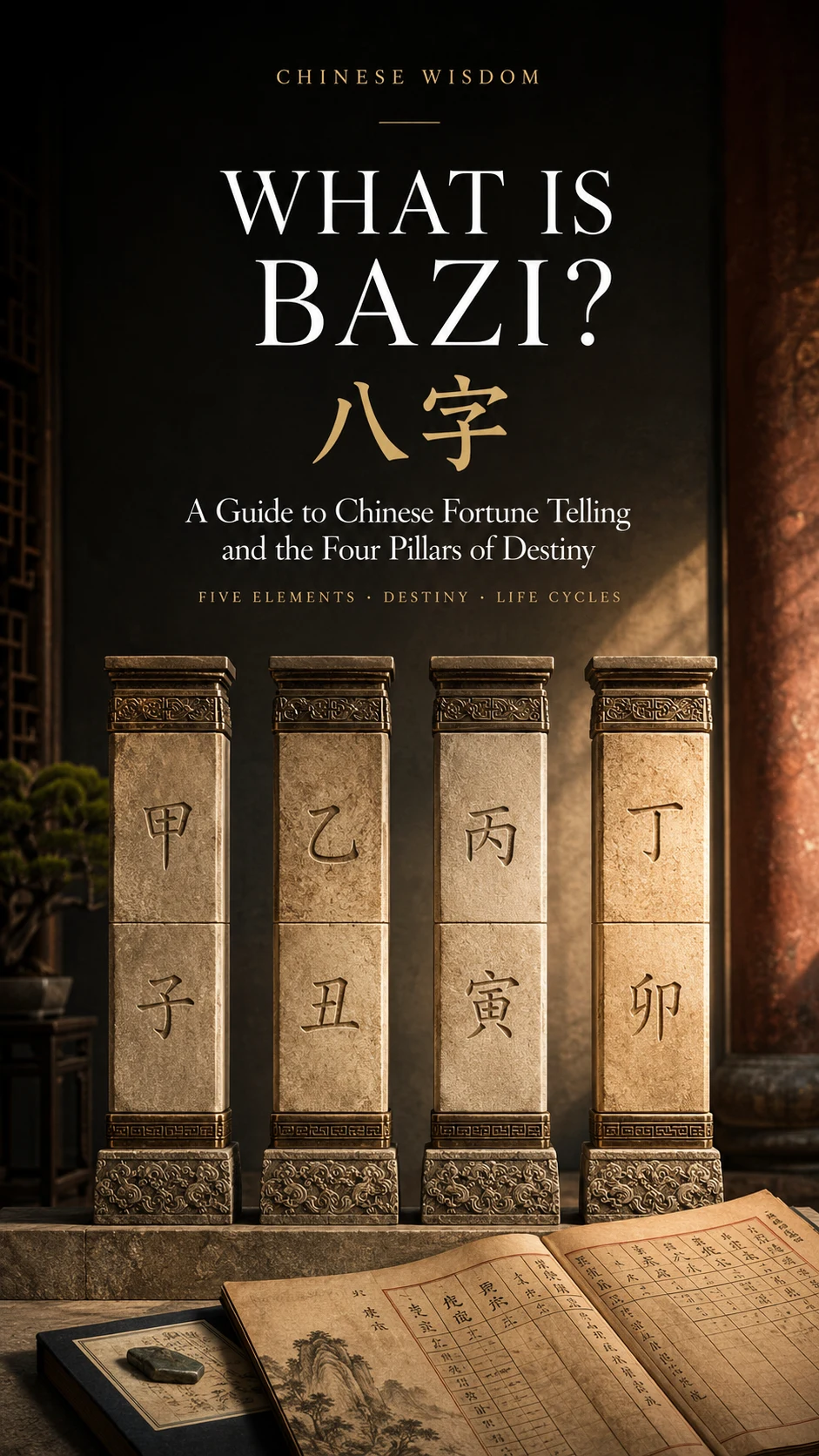 Traditional Chinese BaZi chart showing the Four Pillars of Destiny and Eight Characters.