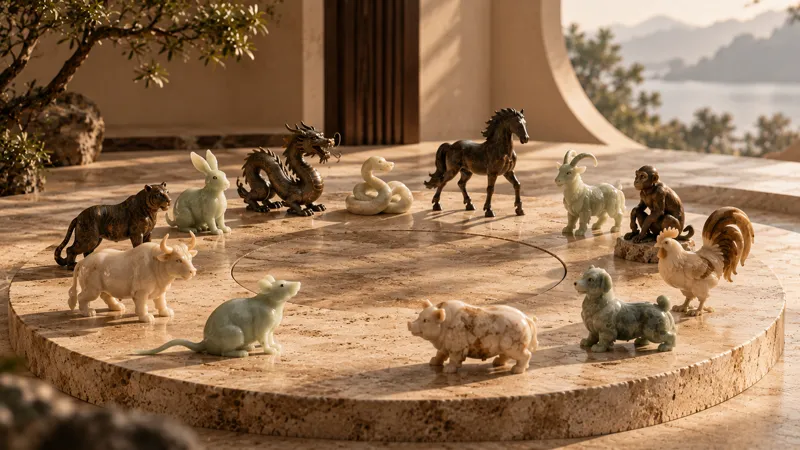 Twelve Chinese Zodiac animal sculptures arranged in a circular compatibility cycle