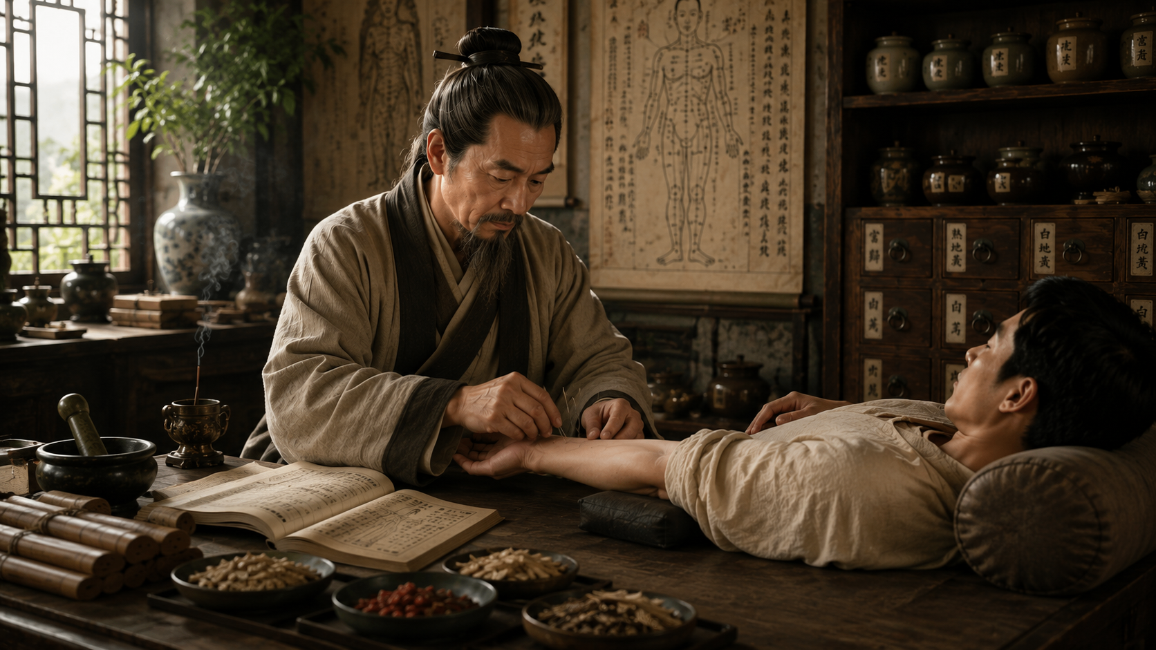 An ancient Chinese physician performs acupuncture on a patient’s forearm inside a traditional study, with herbal medicine shelves, bamboo manuscripts, and anatomical charts in the background.