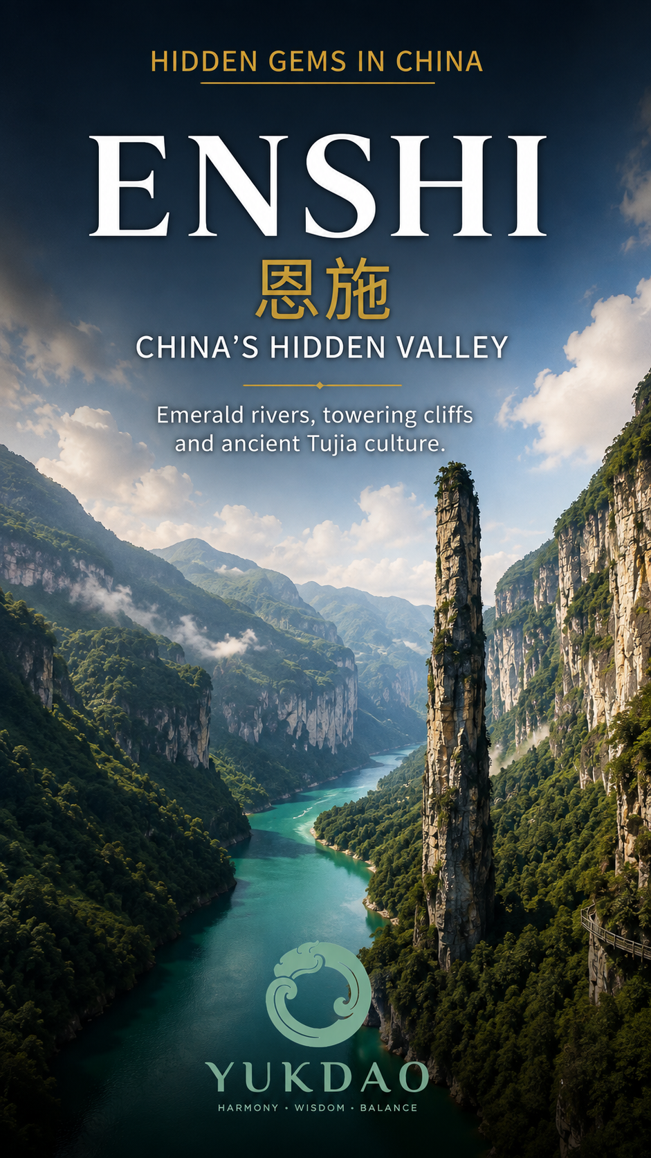 Emerald river flowing through the limestone cliffs of Enshi Grand Canyon in Hubei, China.