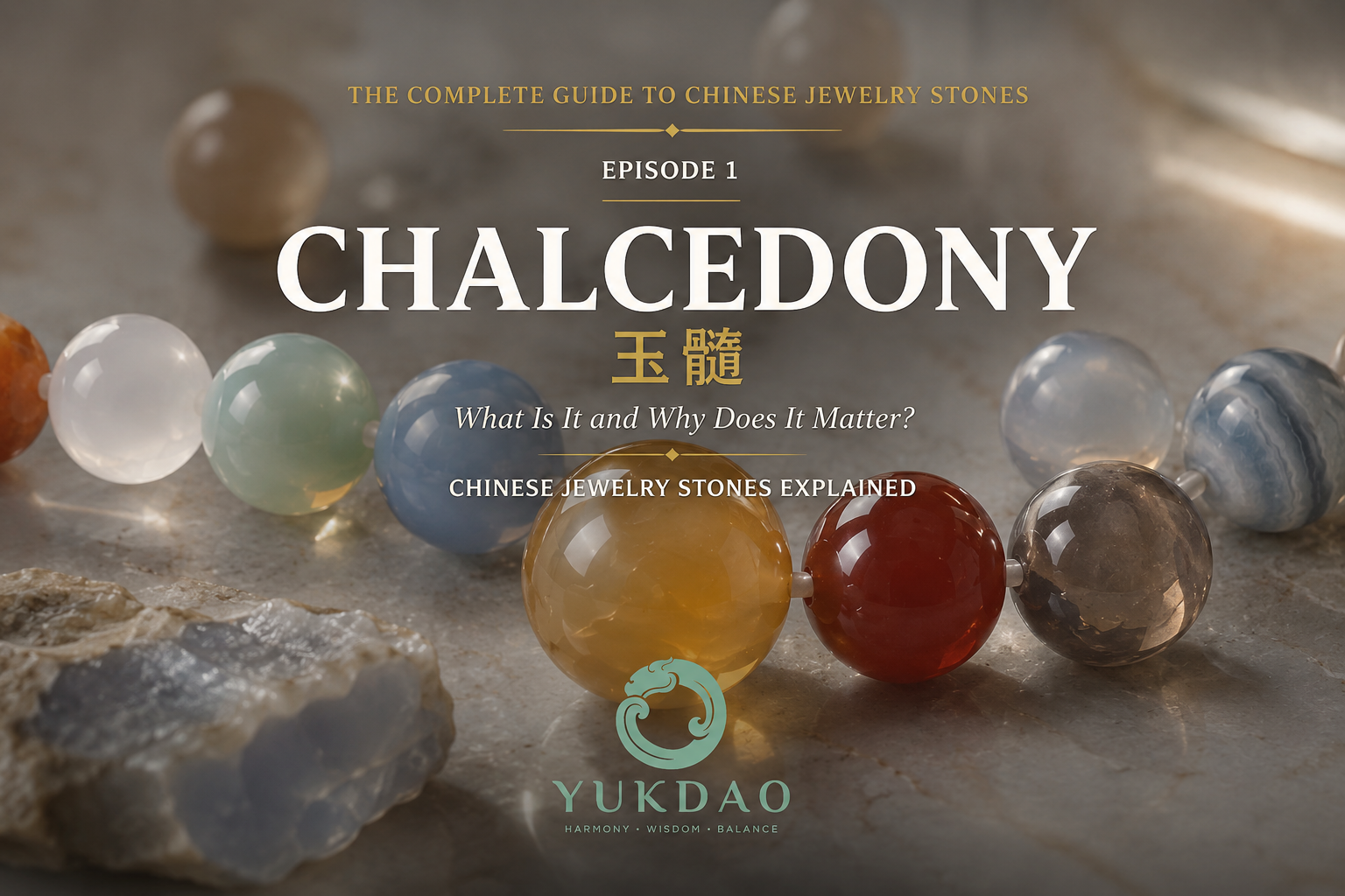 Colorful polished chalcedony gemstones displayed in an editorial composition introducing Chinese craftsmanship.