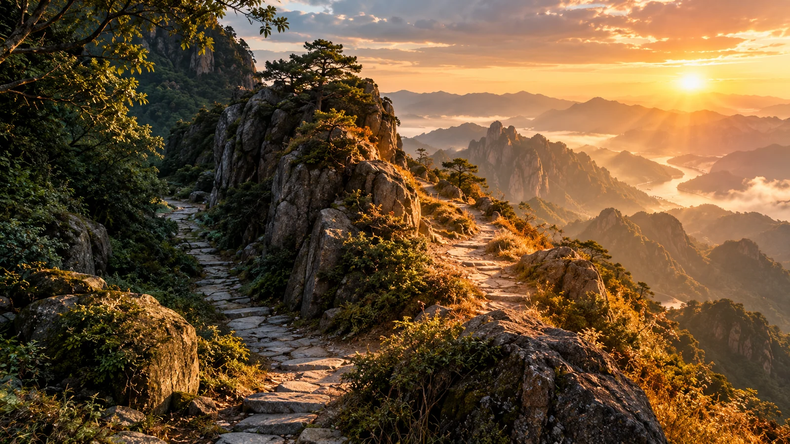 A mountain pathway moving from shade into bright sunlight, illustrating selective exposure and momentum.