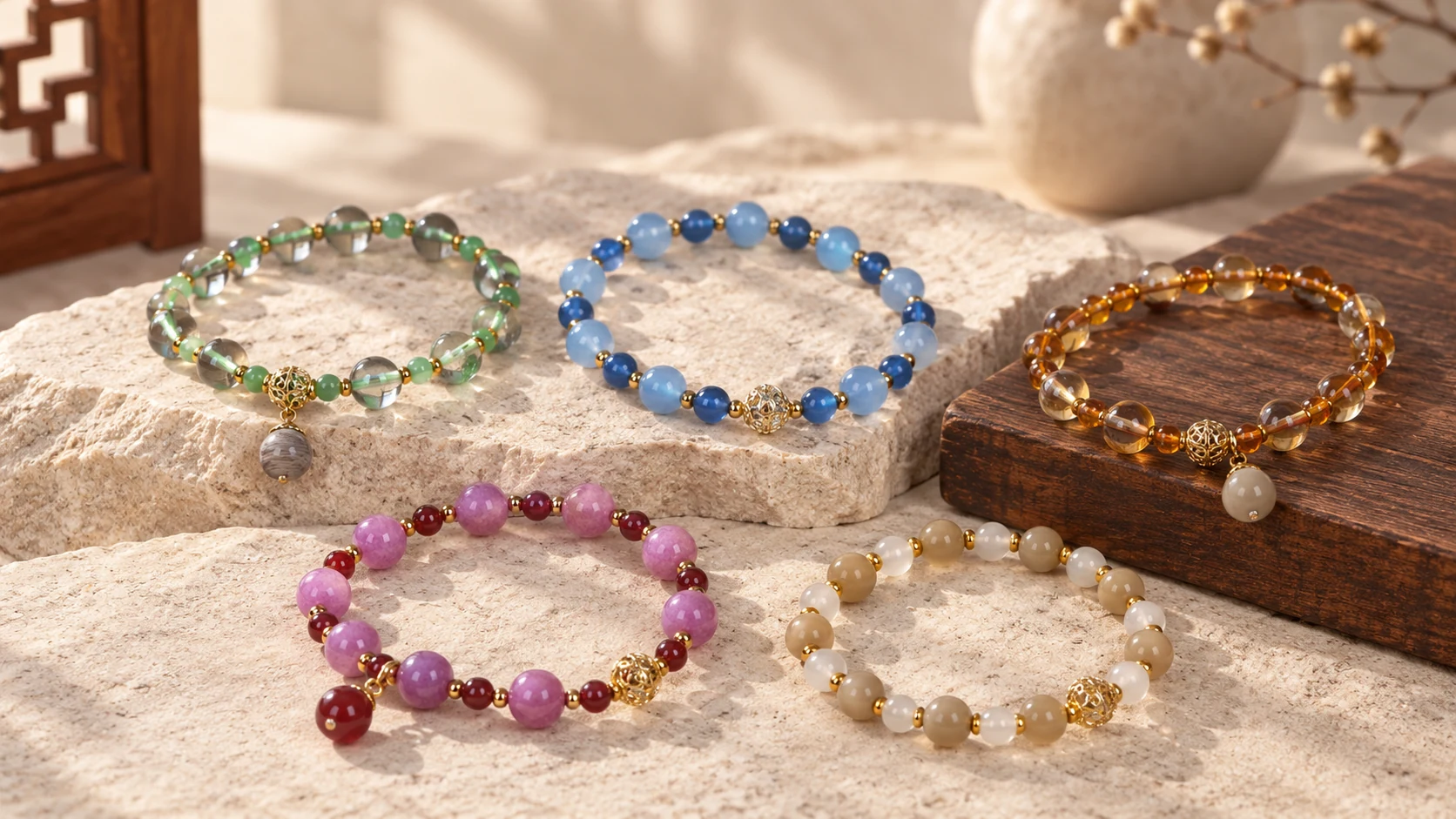 YukDao Five Elements gemstone bracelets, each featuring the gold Chinese Floral Sphere.