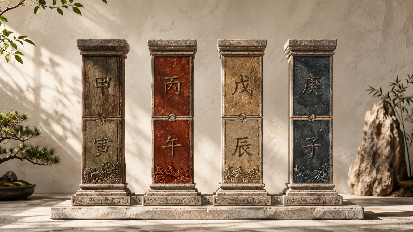 Educational BaZi diagram explaining the Year, Month, Day and Hour Pillars and their Eight Characters.