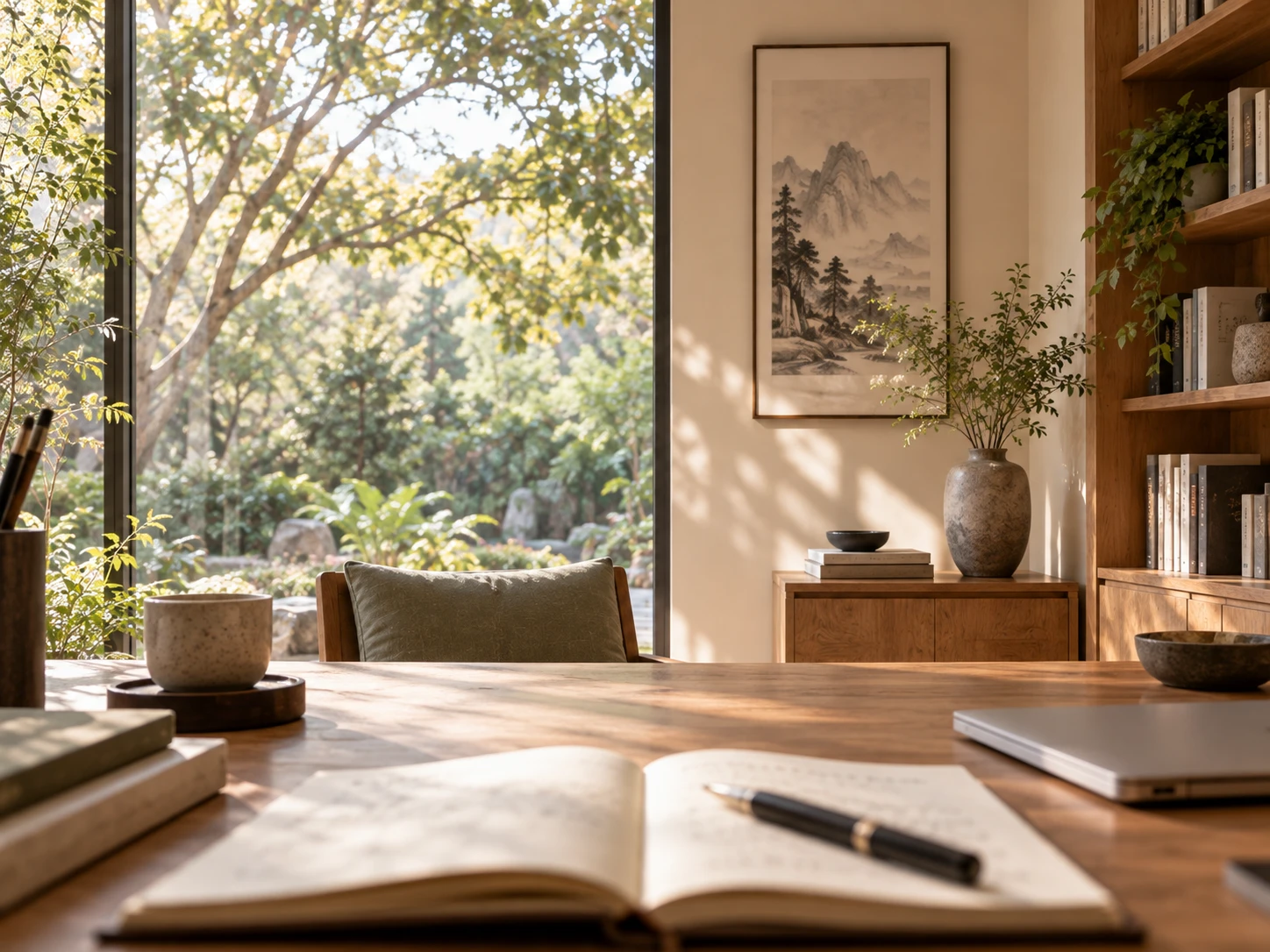 Calm visual field seen from a seated working position at a natural-wood desk.