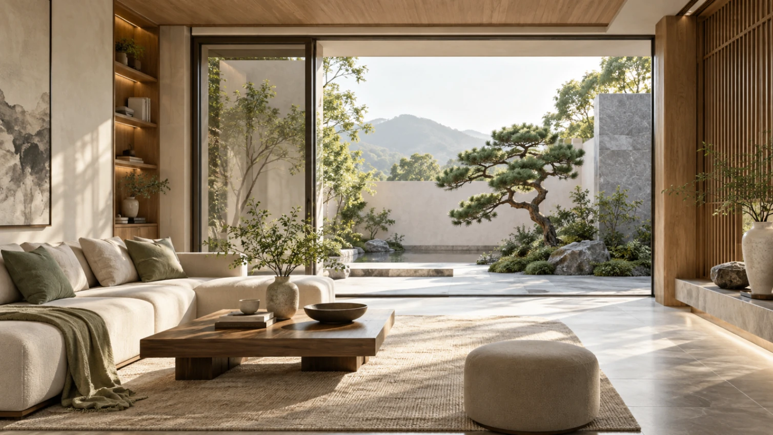A serene Chinese courtyard framed by traditional architecture and garden greenery