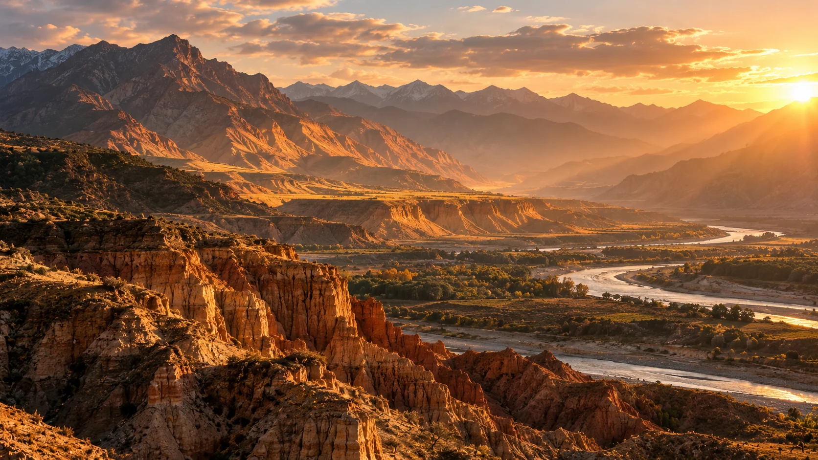 Sunlit ochre mountain landscape under warm light, representing Fire generating Earth in the Five Elements.