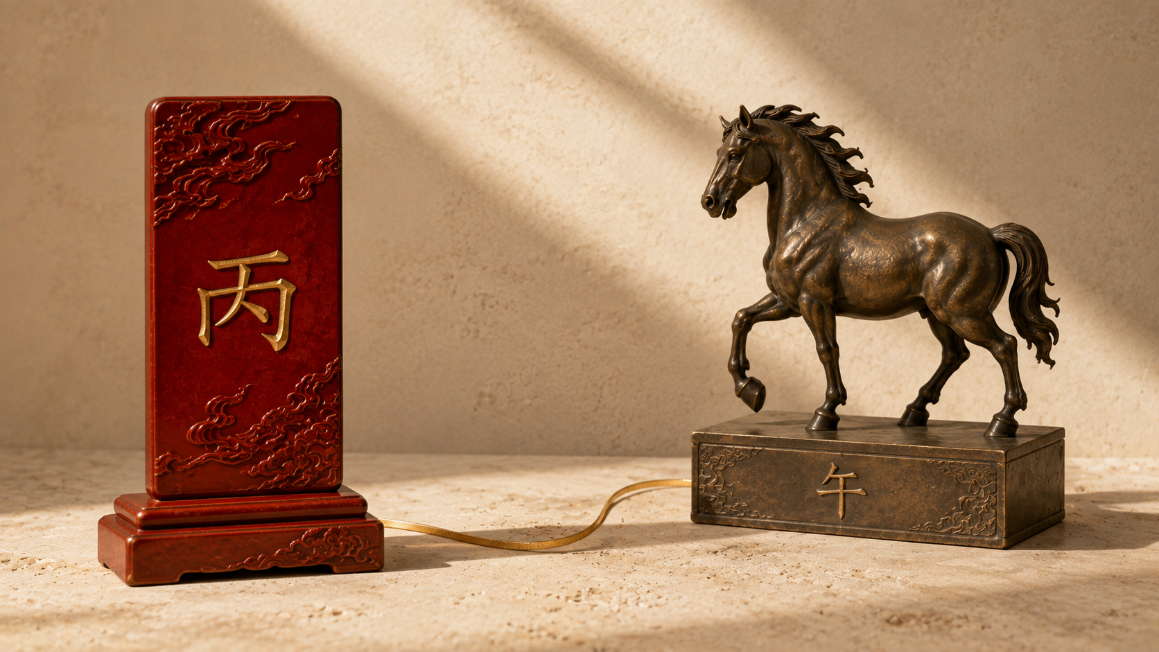 A vermilion tablet marked 丙 beside a bronze Horse representing 午, illustrating the Bing Wu Fire Horse combination.